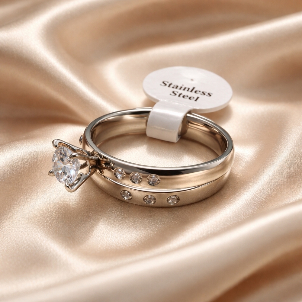 Stainless Steel CZ Engagement Ring Set